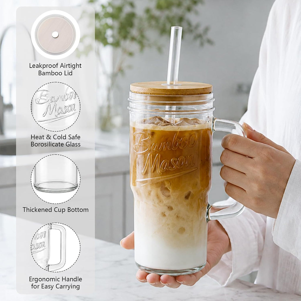 ANOTION Glass Cups with Lids and Straws - 24oz Tumbler with Handle Coffee Cups Glass Straws Glasses Mason Jar Cups Drinking Set Kitchen Essentials Coffee Bar Accessories House Warming Gifts New Home