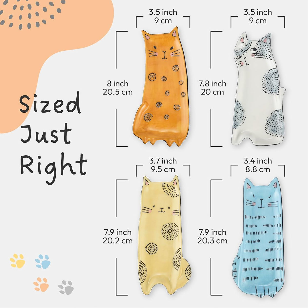 Bico Cartoon Cat Appetizer Plates Set of 4, Cat-Shaped Ceramic Plates