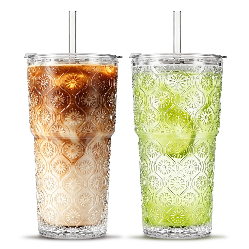 SoulTimes 20oz Ribbed & Floral Glass Tumbler with Lid and Straw – Iced Coffee Glasses Cups for Smoothie, Matcha, Juice, Water etc. Leakproof and Reusable Glassware Drinking for Travel To Go [2Pcs]