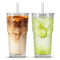 SoulTimes 20oz Ribbed & Floral Glass Tumbler with Lid and Straw – Iced Coffee Glasses Cups for Smoothie, Matcha, Juice, Water etc. Leakproof and Reusable Glassware Drinking for Travel To Go [2Pcs]