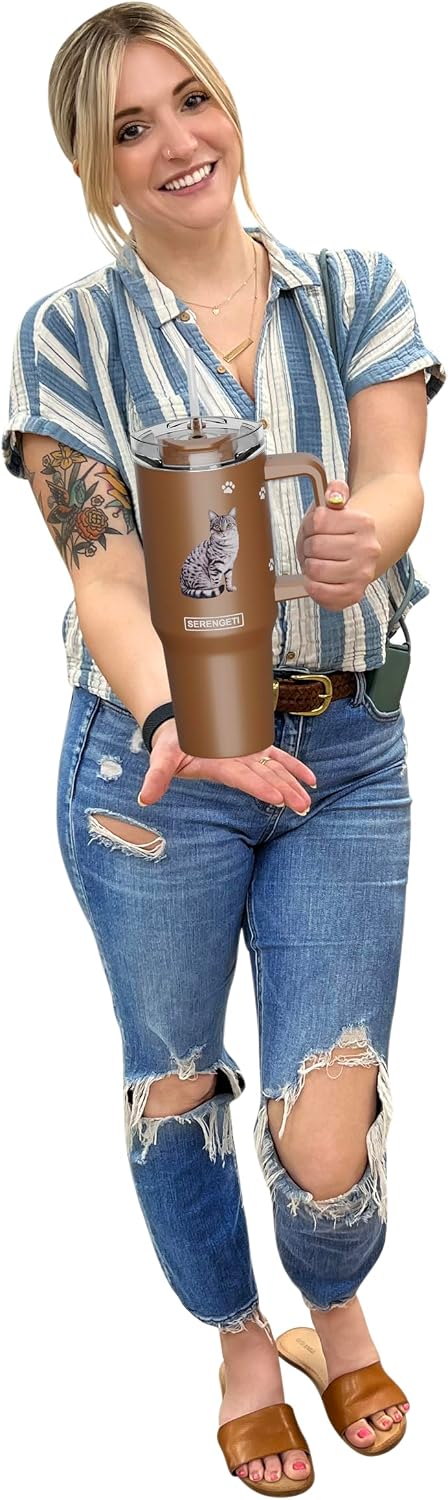 SERENGETI 40oz Ultimate Tumbler with Handle and Straw - Vacuum Insulated Tumbler with Straw and Lid - Stainless Steel Travel Mug for Pet Lovers - 3D Designs of your favorite Cat (Silver Tabby)
