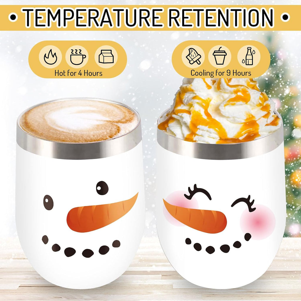Whaline 2 Pcs Christmas Stainless Steel Wine Tumbler 12 oz Xmas Winter Snowman Insulated Coffee Cups Tumbler Mug with Lid and Straw for Women Girlfriend Besties Wife Lover Spouse Gifts