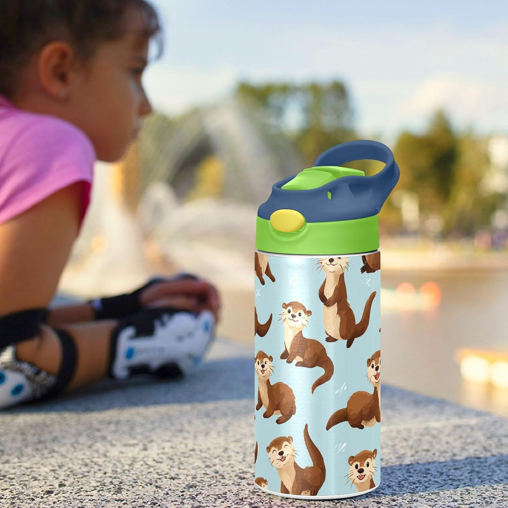 Pigsaly Kids Insulated Water Bottle Cute Cartoon Otter Blue 12oz Stainless Steel Vacuum Insulated Tumbler With Handle Double Wall Vacuum Travel Coffee Mug Toddler Cup For Boys Girls