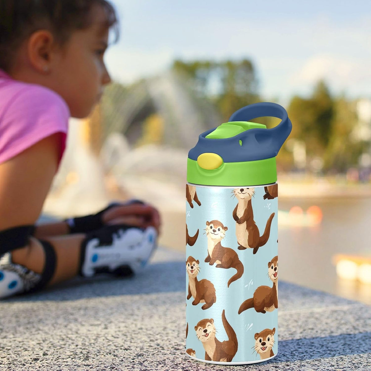 Pigsaly Kids Insulated Water Bottle Cute Cartoon Otter Blue 12oz Stainless Steel Vacuum Insulated Tumbler With Handle Double Wall Vacuum Travel Coffee Mug Toddler Cup For Boys Girls