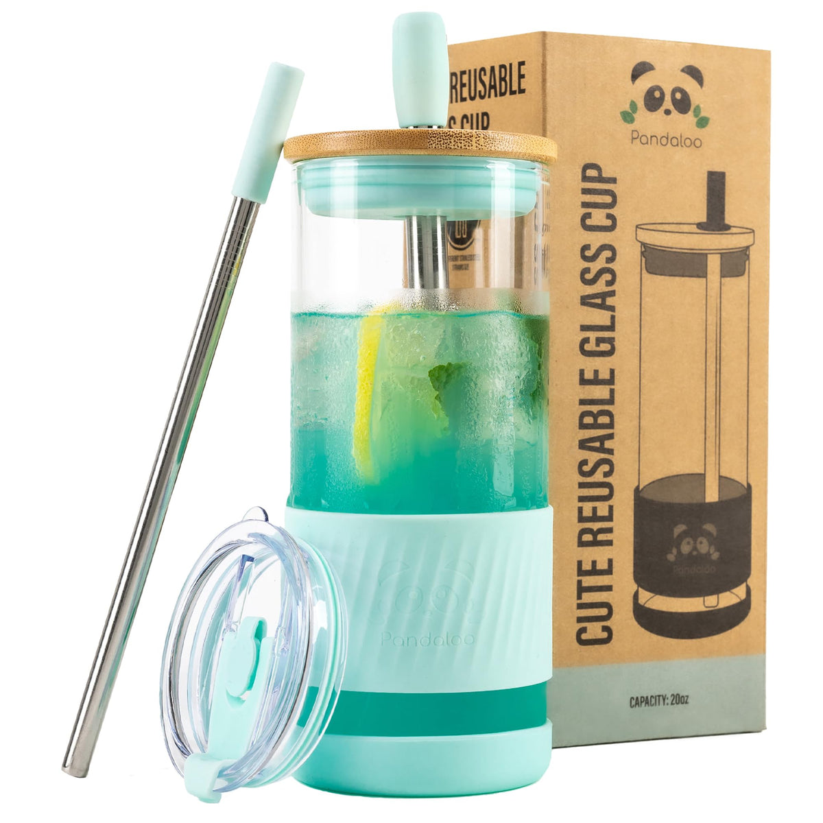 Pandaloo® Glass Cups With Lids and Straws -20 Fl Oz- Perfect Size Iced Coffee Cup - Smoothie Cup With Bamboo Lid and On the go Lid - Glass Tumbler With Straw (1 Count (Pack of 1), Tender Pink)