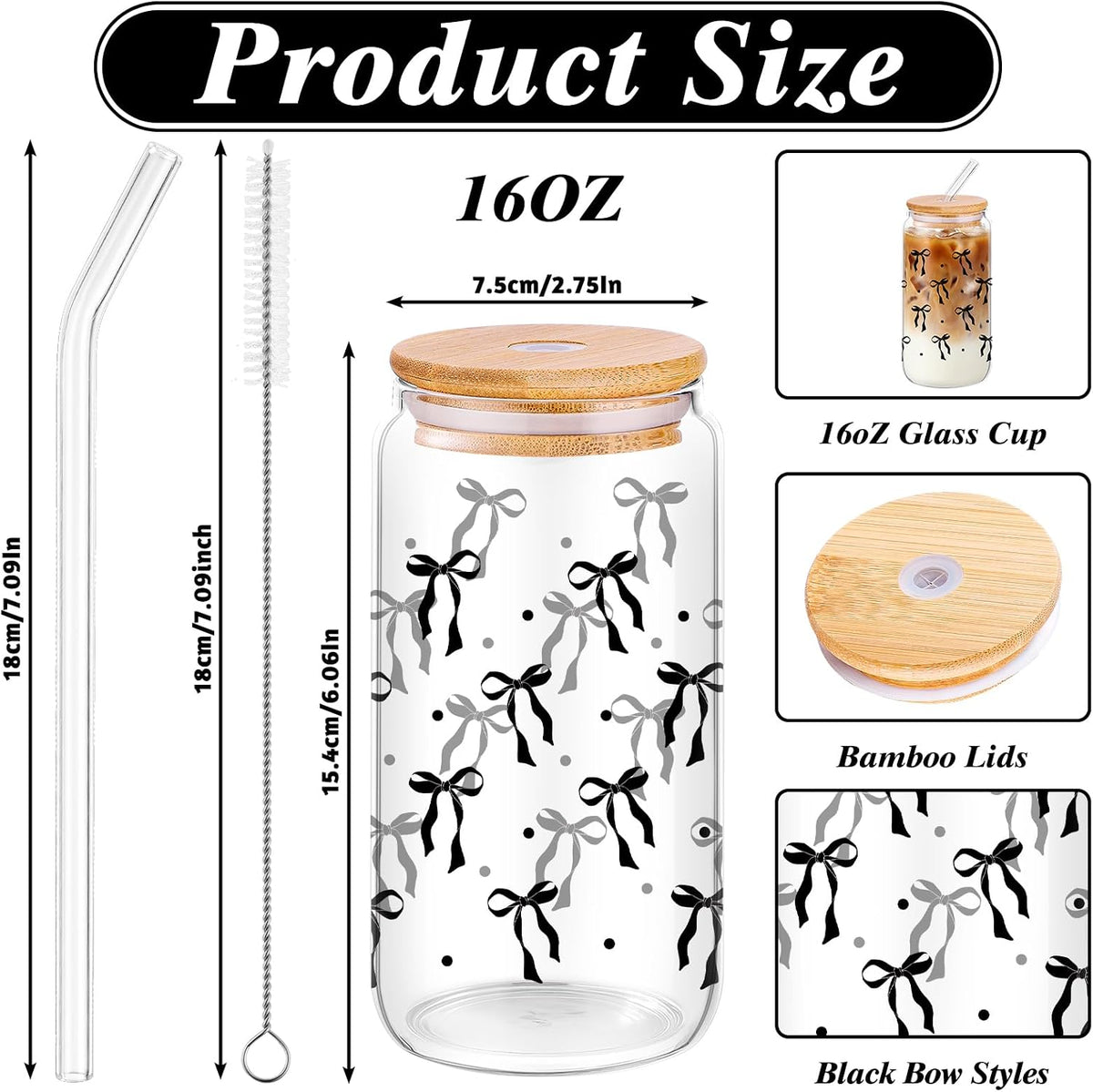 Black Bow Glass Cup with Lids And Straws Cute Halloween Gifts for Women
