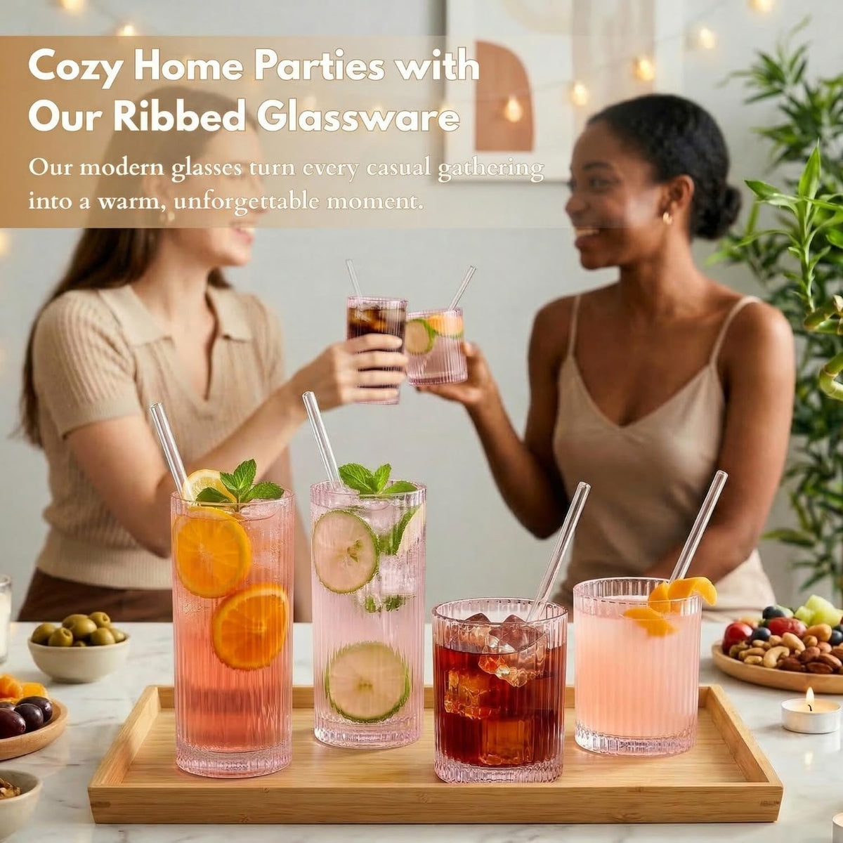 Ribbed Glass Cups with Straws, Pink Glass Drinking Cups, Drinking Glasses Set of 8, 13oz Highball & 10oz Water Glasses, Vintage Kitchen Glassware Set for Juice, Whiskey, Coffee, Cocktail
