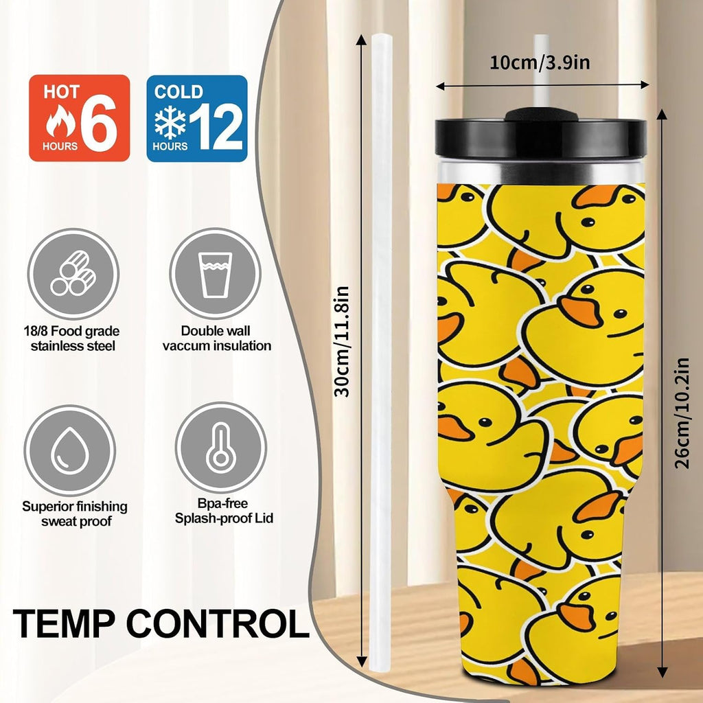 Stainless Steel Insulated Tumbler 40 OZ (1200 ML), Cartoon Yellow Duck Coffee Mug Cup with Splash-Proof Lid And Straw for Car Home Office Outdoor Travel