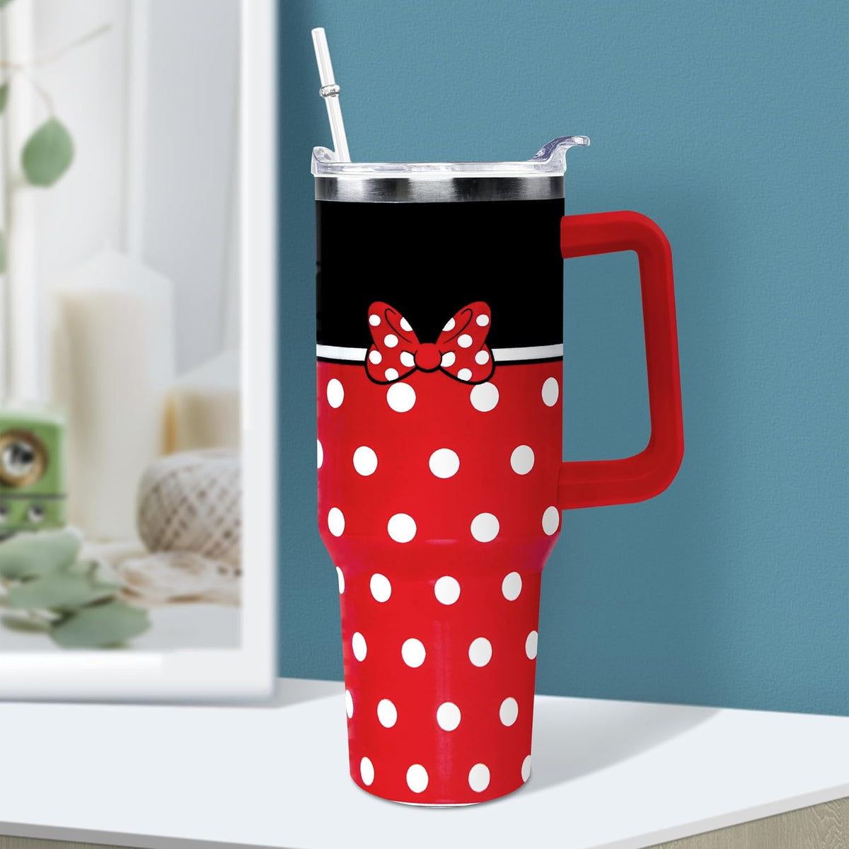 Cartoon Mouse Tumbler 40 Oz With Lid and Straw&Handle Bowknot Cup
