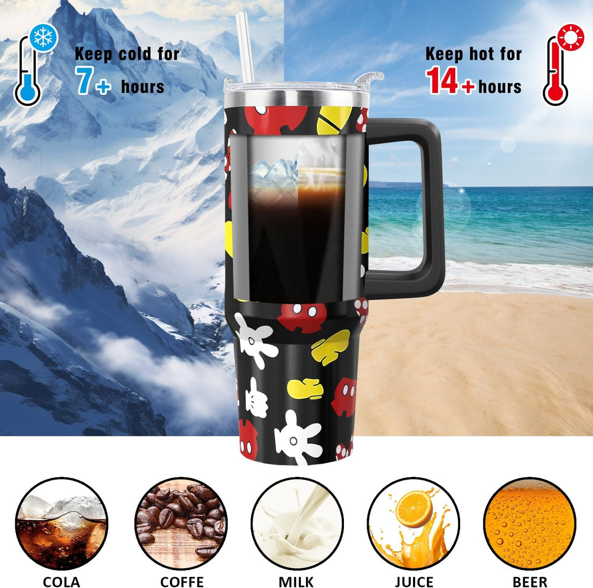 30oz Cartoon Mouse Tumbler | with Handle and Lid and Straw | Stainless Steel Insulated Tumbler | Black Travel Coffee Mug -Birthday,Christmas Gift