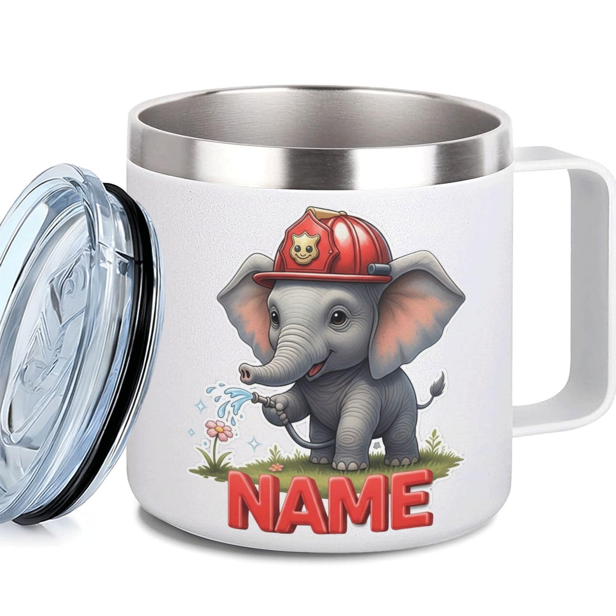 Leo Personalized Kids Mug with Lid, 10 oz Stainless Steel Insulated Camp Cup, Cartoon Lion Tropical Tiki Theme