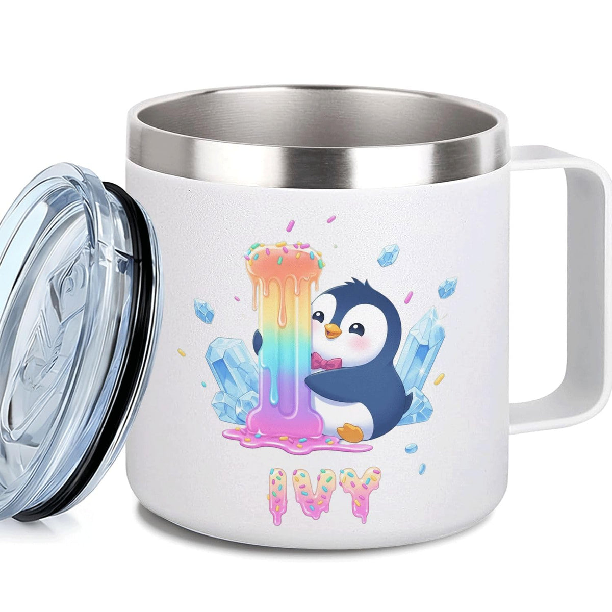 Leo Personalized Kids Mug with Lid, 10 oz Stainless Steel Insulated Camp Cup, Cartoon Lion Tropical Tiki Theme