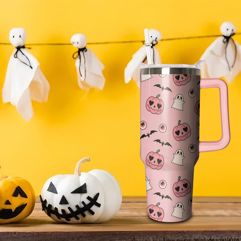 40oz Cute Pumpkin Ghost Halloween Tumbler with Handle and straw, Stainless Steel Insulated Cup, Spooky Pink Coffee Mug Water Bottle Gift