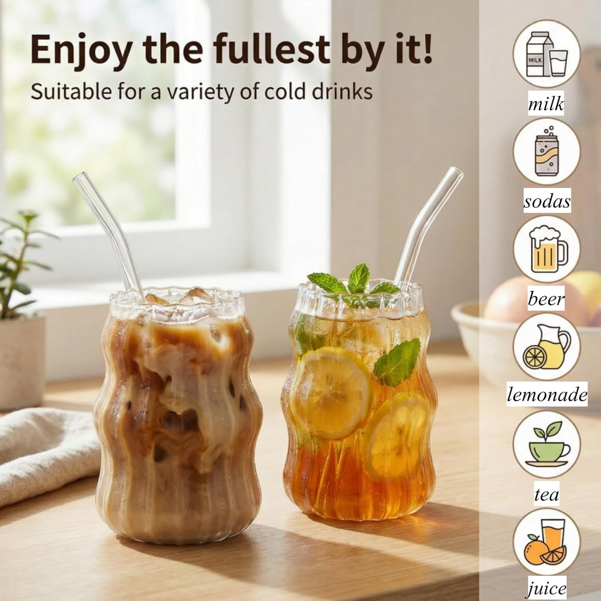 Tebery 4 Pack Cute Drinking Glasses, 16 Oz Ribbed Iced Coffee Cup Tumbler with Straws, Aesthetic Vintage Water Glassware Mug for Cocktail Smoothie Juice Beverage Milk Tea