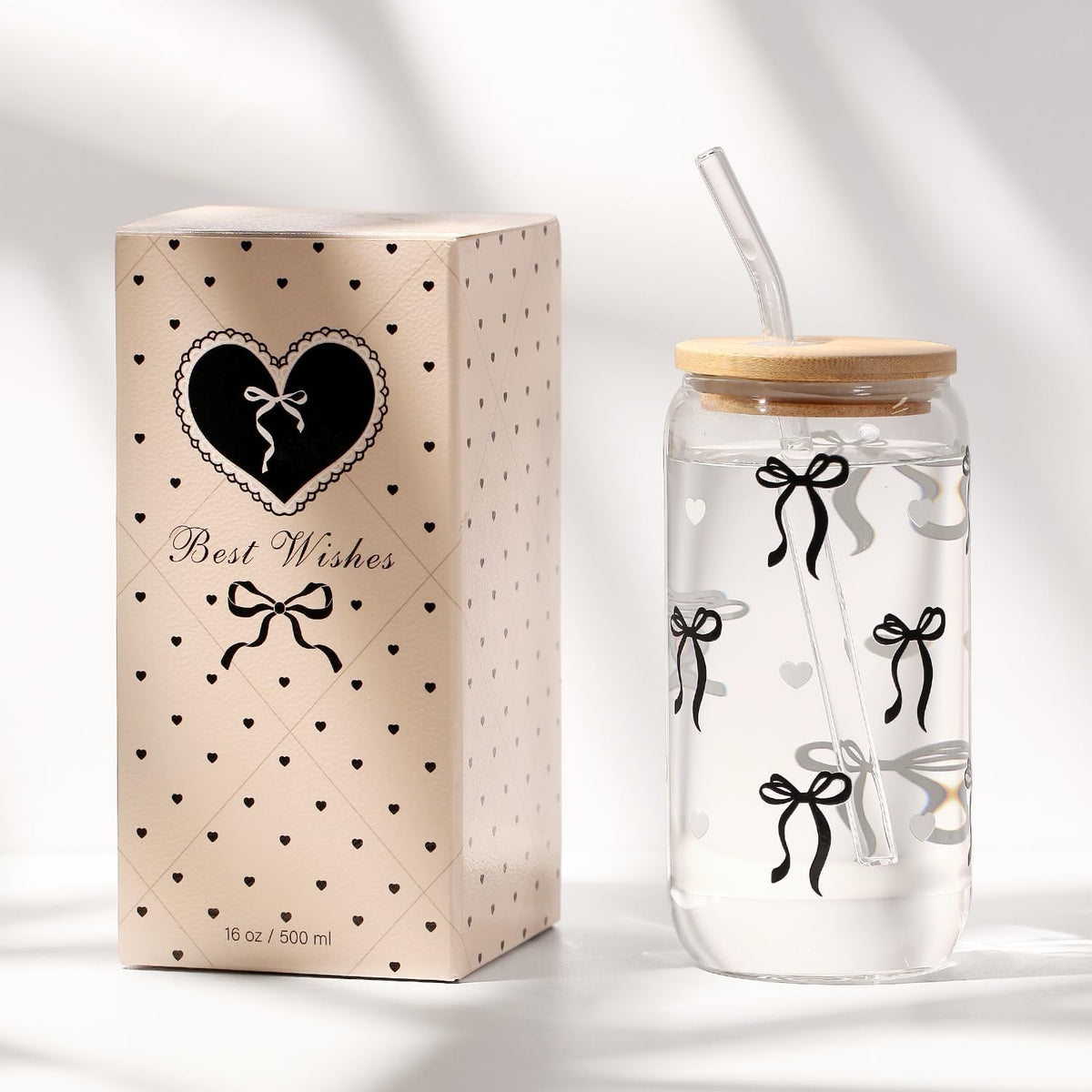 Coquette Black Bow Gift for Women, Glass Cup with Lid Straw