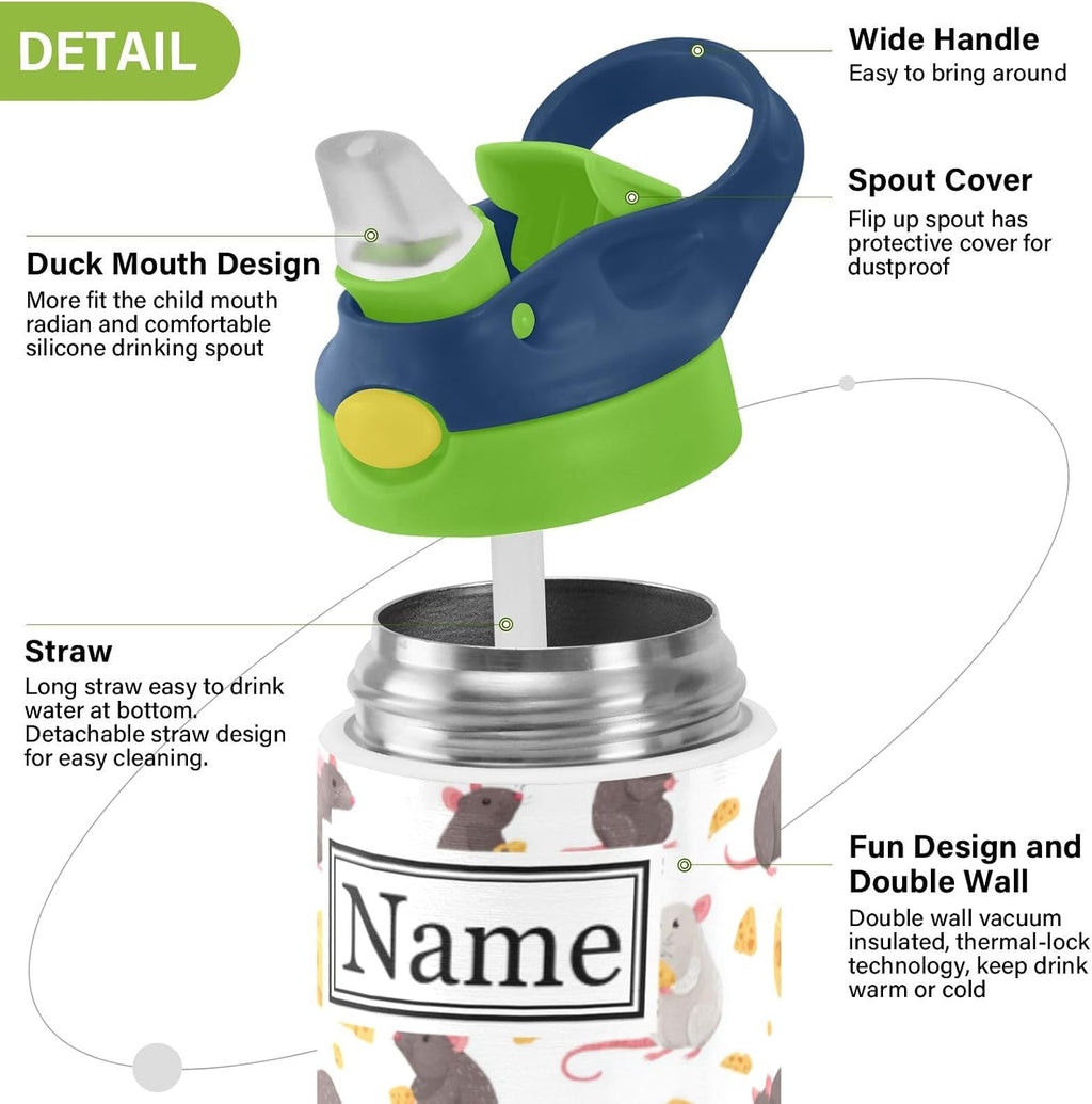 Personalized Name Water Bottles for Kids Cartoon Rats Cheese Custom Toddlers Insulated Stainless Steel with Straw Lid Tumbler Gift for Boys Girls Birthday School