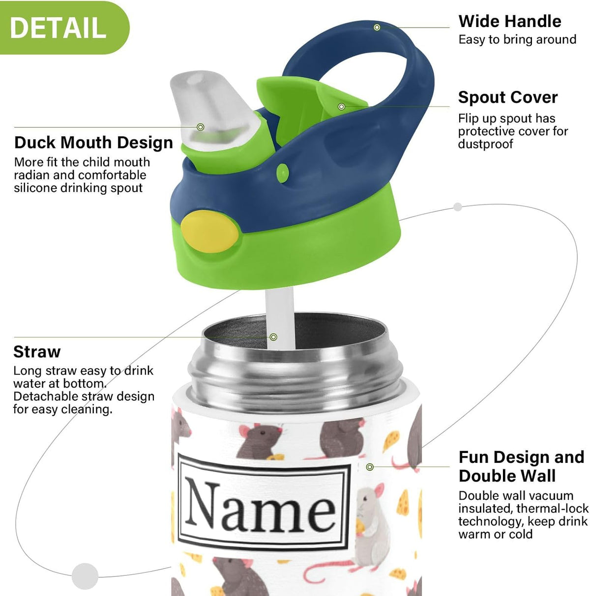 Personalized Name Water Bottles for Kids Cartoon Rats Cheese Custom Toddlers Insulated Stainless Steel with Straw Lid Tumbler Gift for Boys Girls Birthday School