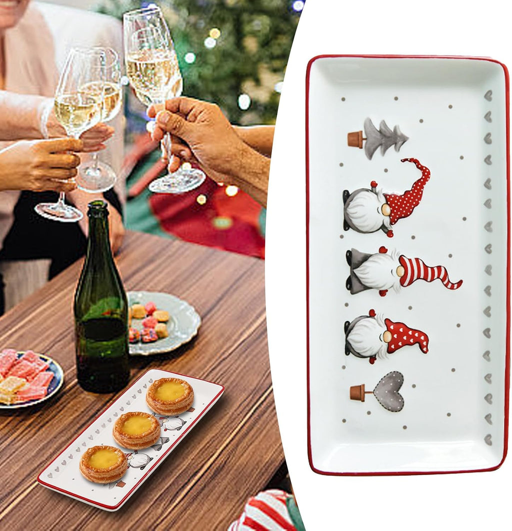 Hoypeyfiy Christmas Rectangular Serving Platter - Cartoon Gnomes Design for Salad, Cheese, Appetizers, Snacks & Fruit, Porcelain Dishwasher Safe Dinner Plate