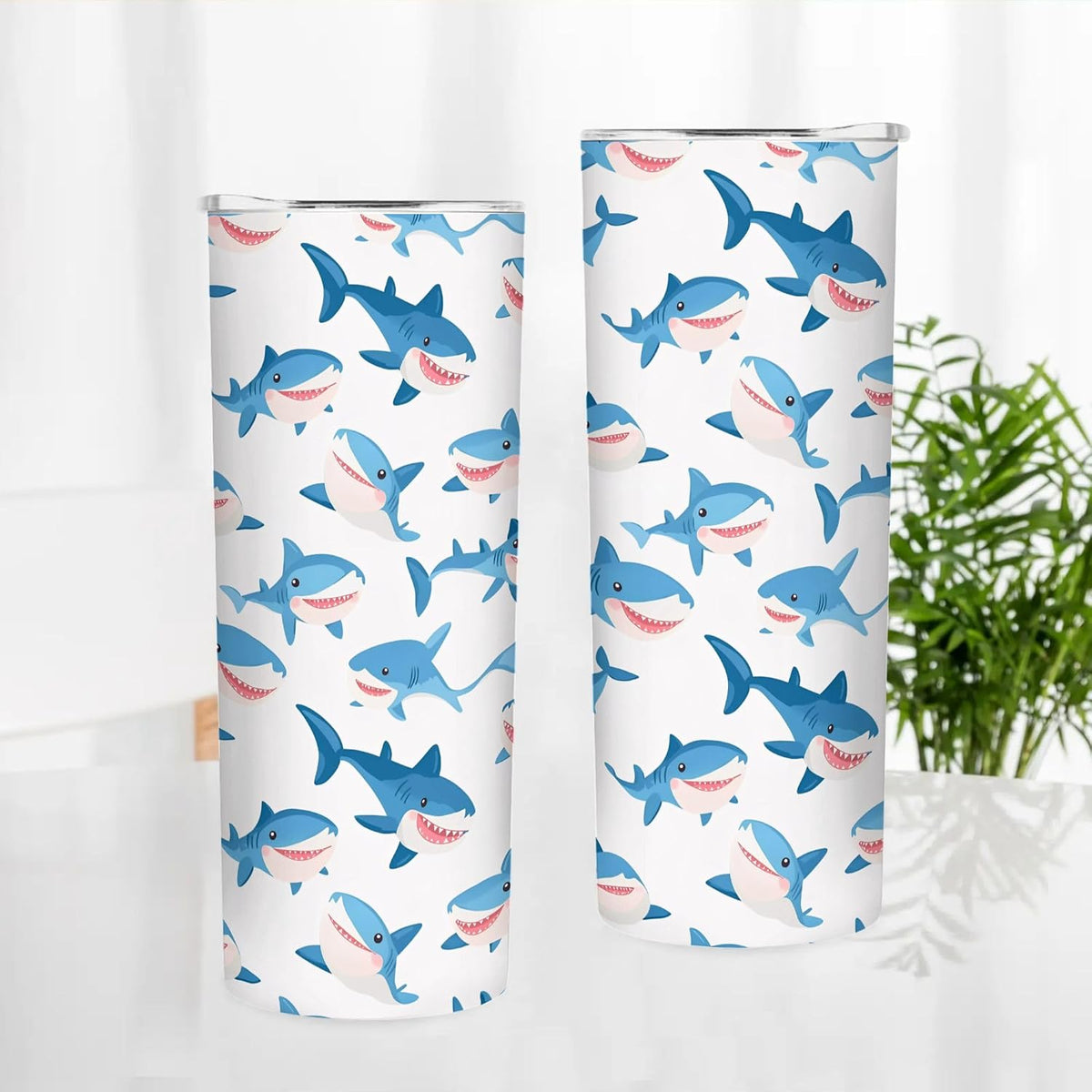 Cartoon Sharks 20 oz Insulated Skinny Tumbler with Lid and Straw, Cute Sea Animals Straight Tumblers Travel Coffee Cup for Men Women