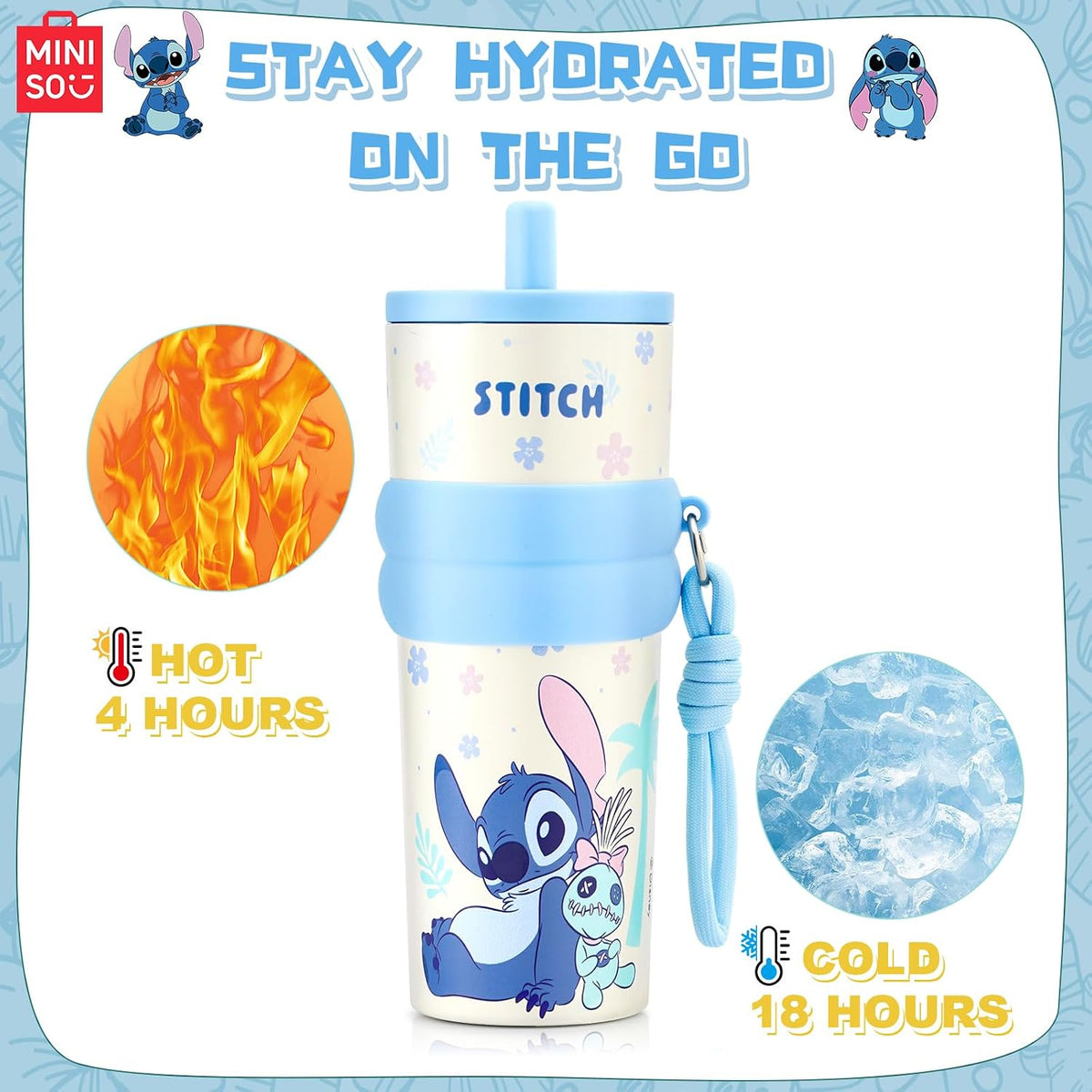 MINISO Disney Stitch Water Bottle, 20oz Lilo&Stitch Insulated Stainless Steel Bottle, Cartoon Vacuum Insulated Tumbler, Leak Proof Flip Top Stitch Cup for Sport Travel Office (Blue)