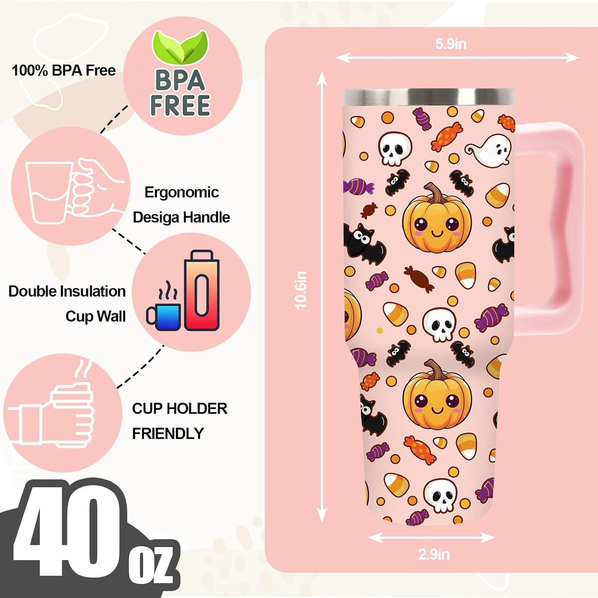 Whaline Halloween Tumbler 40oz Cute Pumpkin Skull Candy Corn Bat Tumbler with Lid Straw Pink Cartoon Stainless Steel Cup with Handle for Home Office Travel