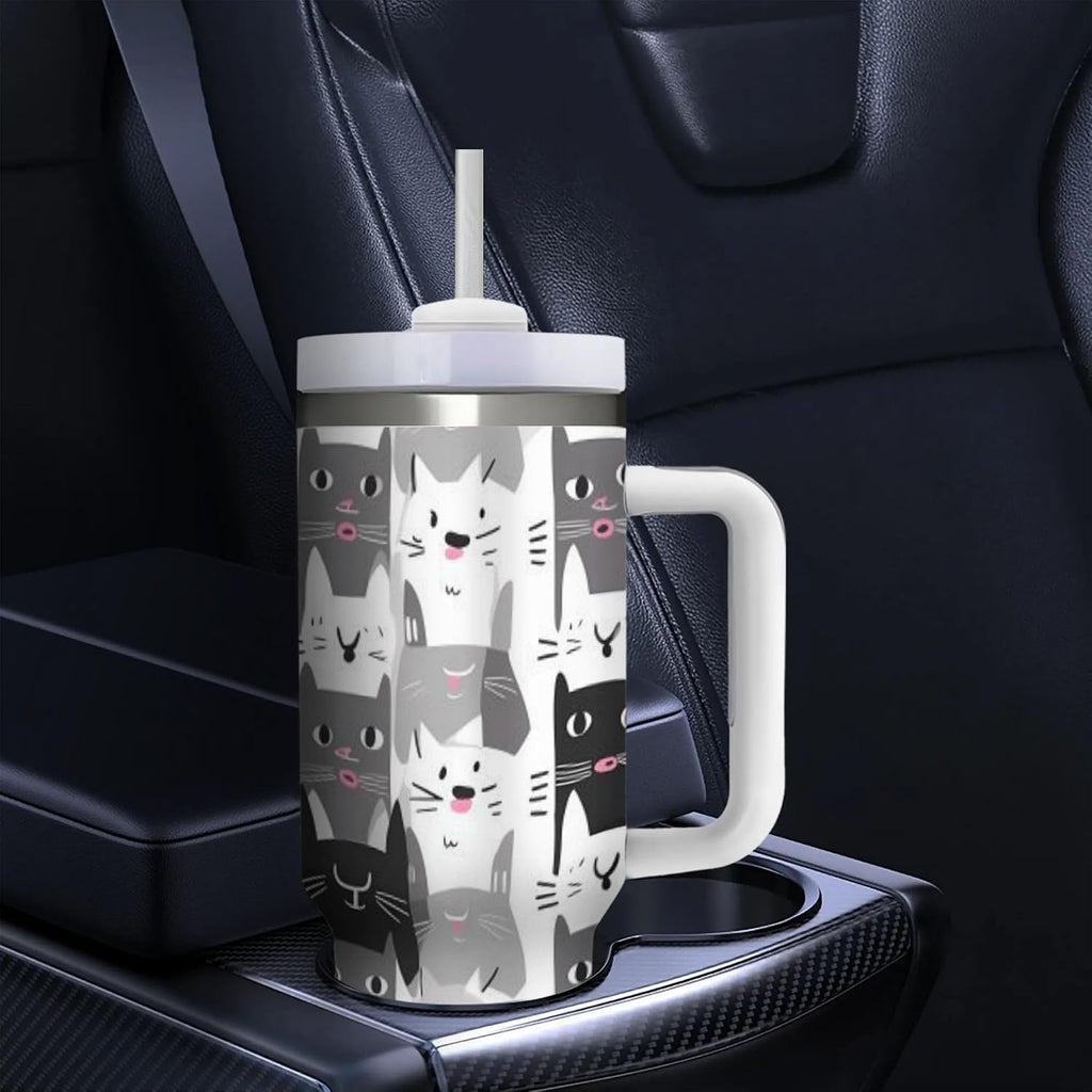 40 OZ (1200 ML) Cute Cats Insulated Tumbler With Straw Lid, Cartoon Kitten Steel Double Walled Vacuum Stainless Steel Coffee Cup for Home Travel Office Nursing