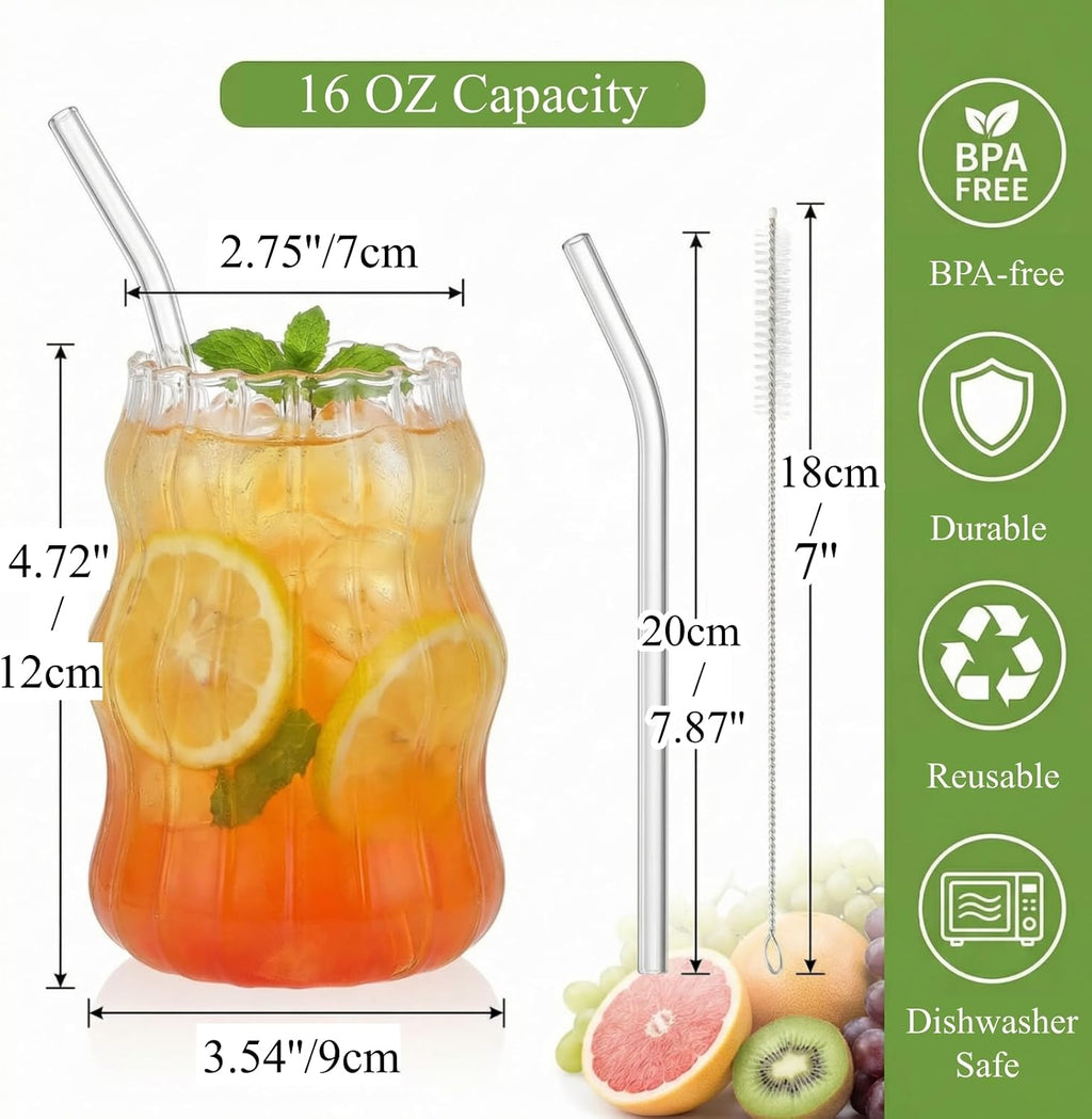 Tebery 4 Pack Cute Drinking Glasses, 16 Oz Ribbed Iced Coffee Cup Tumbler with Straws, Aesthetic Vintage Water Glassware Mug for Cocktail Smoothie Juice Beverage Milk Tea