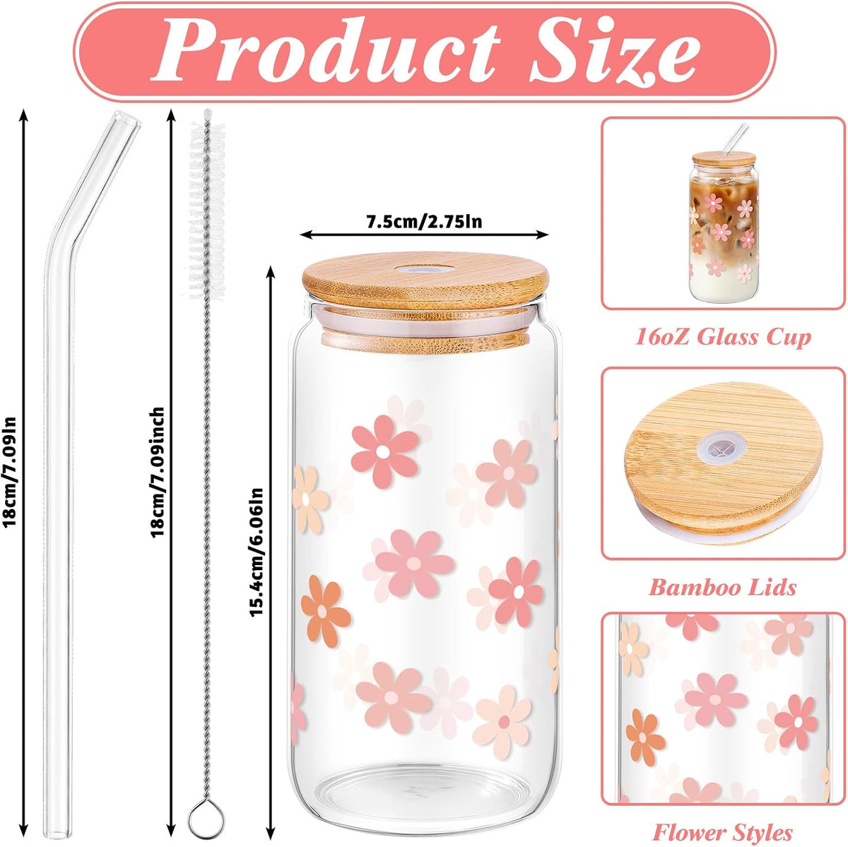Cute Glass Cups with Lids and Straws, Daisy Flower Cup for Iced Coffee