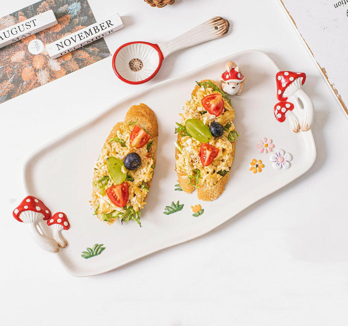 Mushroom Ceramic Tray, Rectangle 14 in Double Handle Dessert Appetizer Baking Dishes, Cute Steak Dinner Plates, Decorative Plate with Cute Squirrels. Novel Christmas Cutlery Gifts.