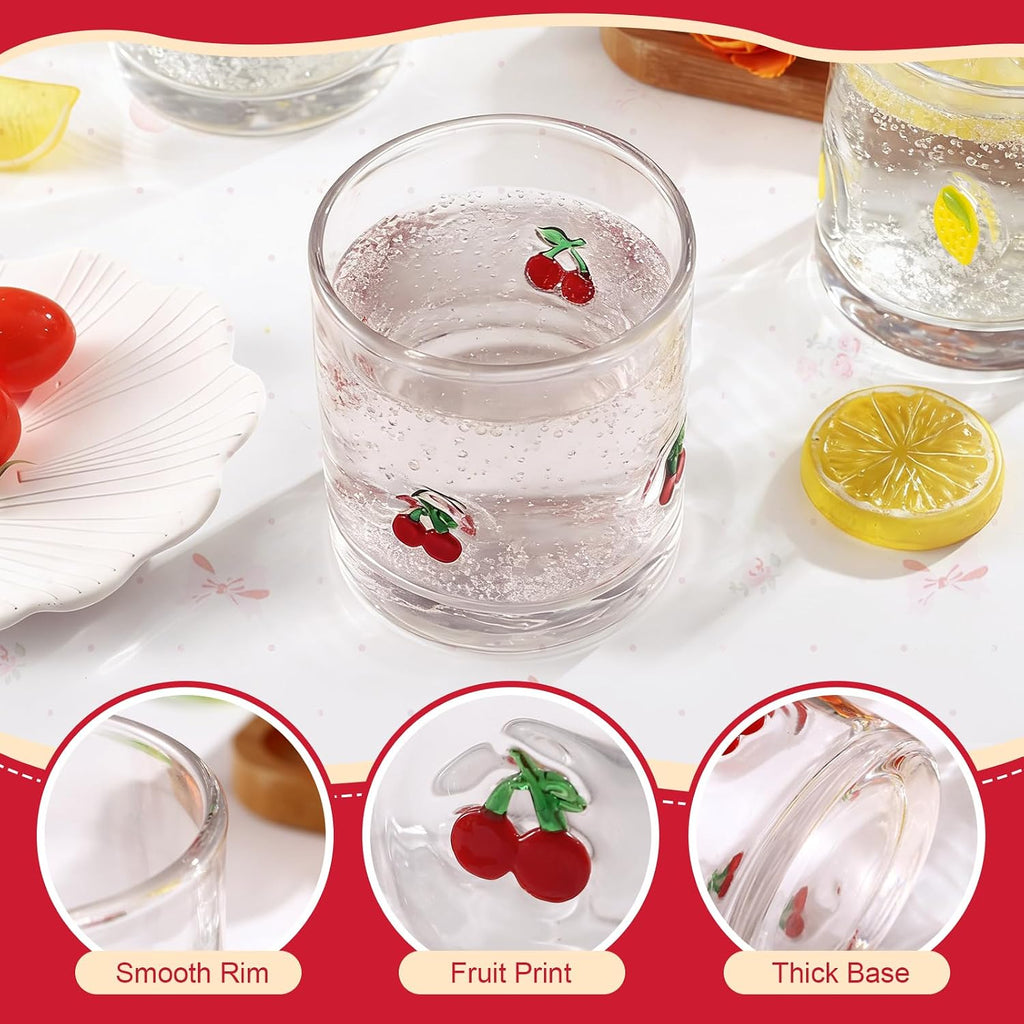 2 Pcs Cherry & Lemons Icon Juice Glass, 14oz Reusable Stemless Wine Cups