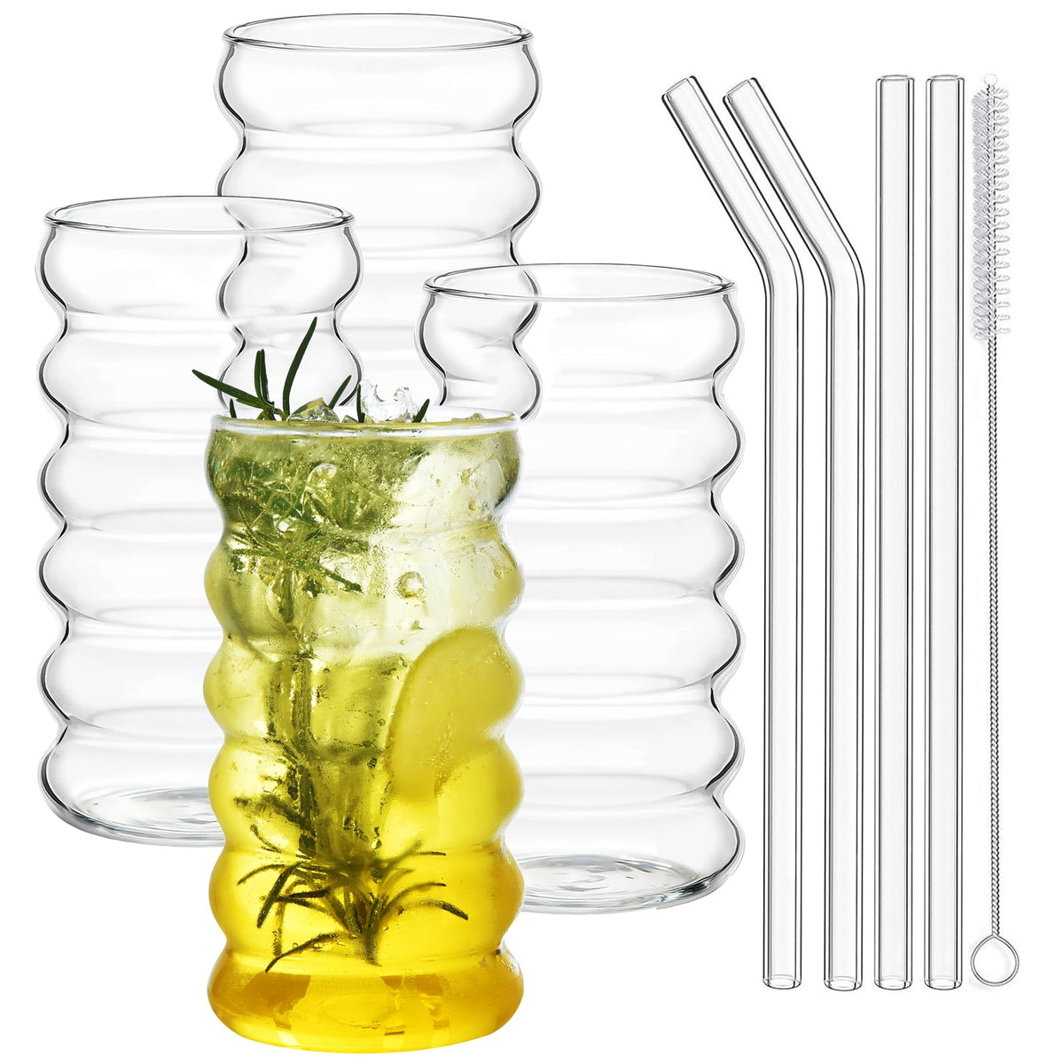 ALINK 16 oz Large Ribbed Glassware Drinking Glasses with Straws Set of 4, Crystal Vintage Glassware Iced Coffee Cups, Cocktail Glass Cups for Beer, Whiskey, Soda, Water, Tea, Milk,Juice