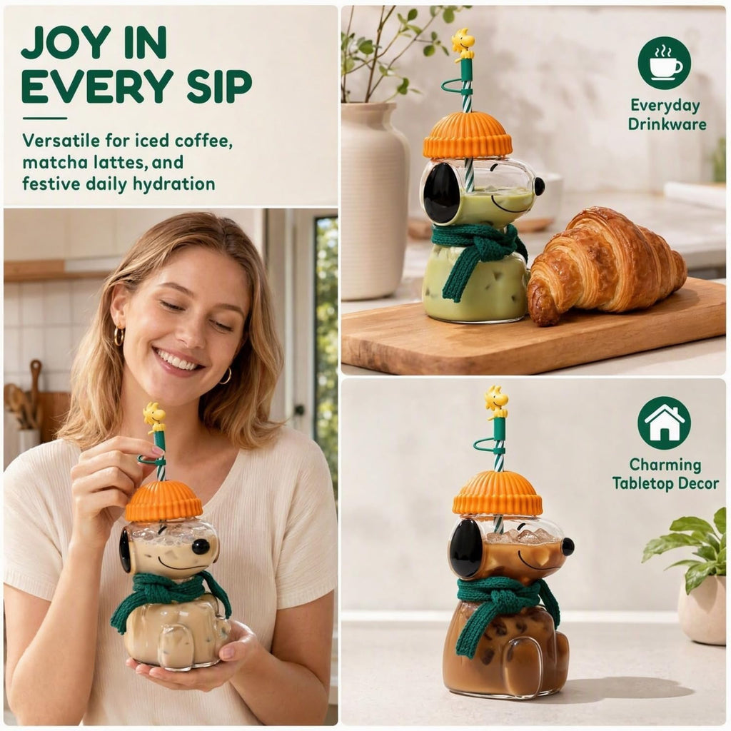 Cute Dog Glass Cup with Straw, Cute Dog Cup 20oz,Dog Straw Cup, Reusable Glass Tumbler with Lid for Iced Coffee, Milk Tea, and Smoothies, Novelty Gift Cup