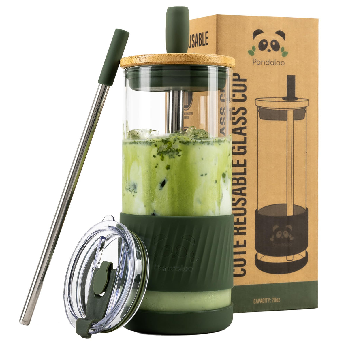 Pandaloo® Glass Cups With Lids and Straws -20 Fl Oz- Perfect Size Iced Coffee Cup - Smoothie Cup With Bamboo Lid and On the go Lid - Glass Tumbler With Straw (1 Count (Pack of 1), Tender Pink)