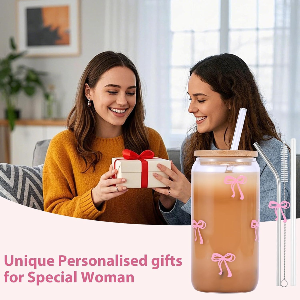 Cute Pink Bow Glass Cups with Lids & Straws, Aesthetic Iced Coffee Cup, Girly Preppy Design Tumbler Mug, Birthday Valentine Gifts for Women, Teen Girl Gifts Trendy Stuff