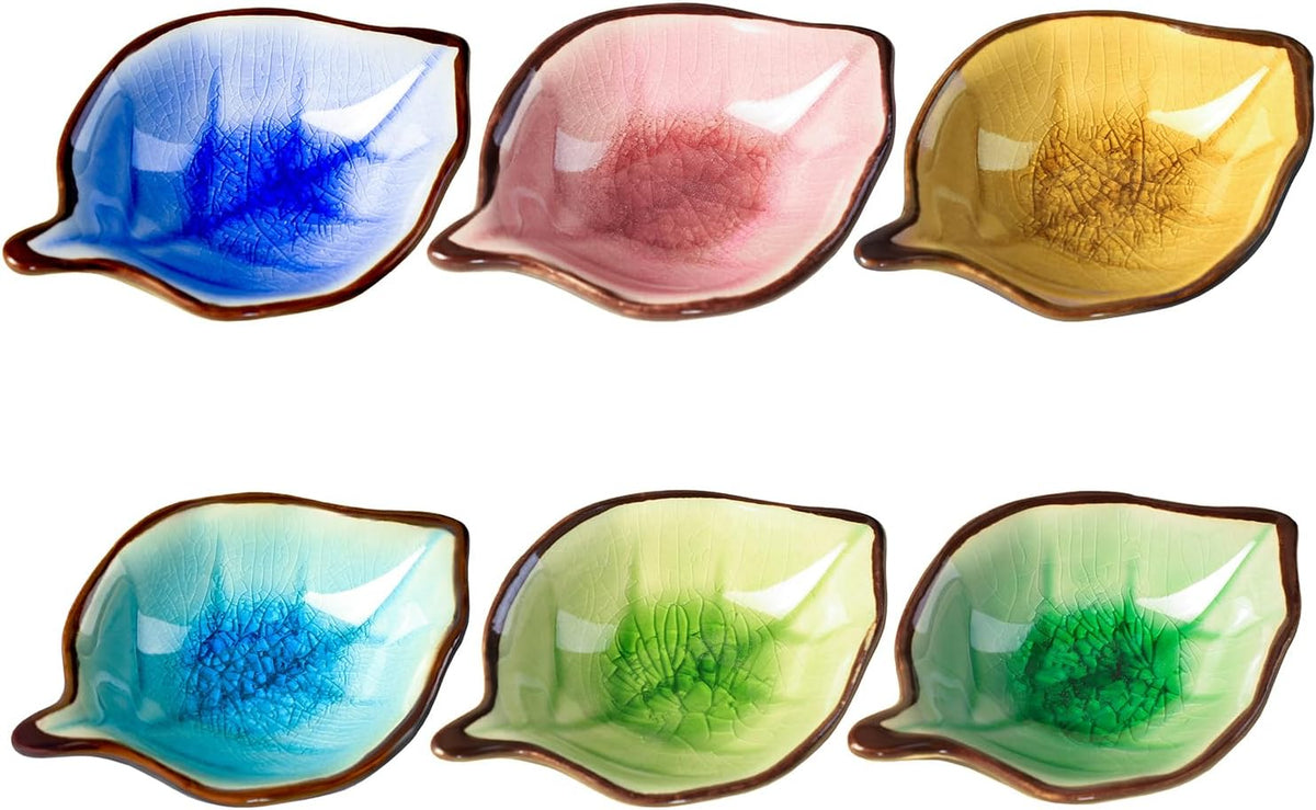 Colias Wing Colorful Leaf Shape Design Multipurpose Porcelain Side Dish Bowl Seasoning Dishes Soy Dipping Sauce Dishes(Set of 6)-Small