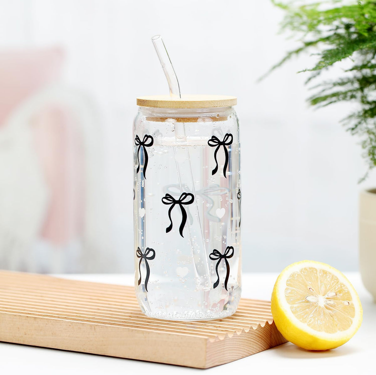 Coquette Black Bow Gift for Women, Glass Cup with Lid Straw