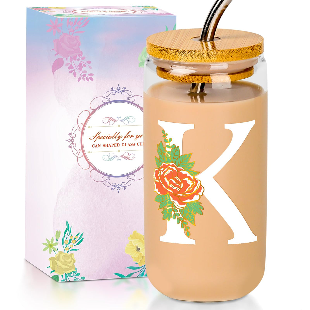 16 Oz Initial Glass Cup with Lid and Straw Personalized Color-Changing