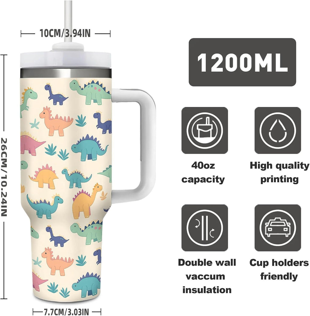 40oz Cute Dinosaurs Tumbler with Handle, Double Wall Stainless Steel Travel Coffee Mug with Straw Lid, Cartoon Insulated Cooling Cup for Christmas Birthday Gifts (Printed in US)
