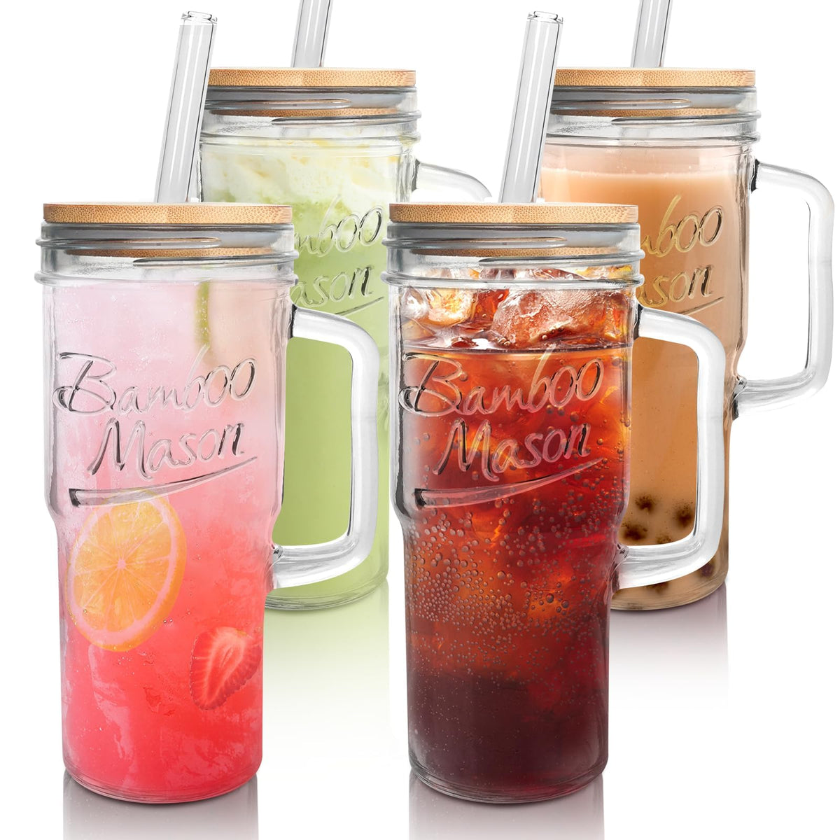 ANOTION Glass Cups With Lids And Straws, Leakproof Tumbler 24oz Mason Jar Cups, Cap Cup Leak-Proof, Self-Assembly Silicone Straw, Reusable Iced Coffee Smoothie Matcha Cup Aesthetic Coffee Gifts Women