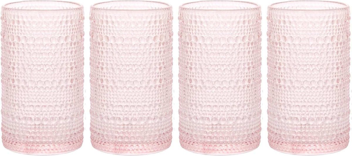 Glaver's Hobnail Drinking Glasses, Pink Vintage Glassware Set, Beaded Drinking Glasses, Set Of 4 15 oz Cocktail Glass Set, Bubble Glasses, For Everyday Usage