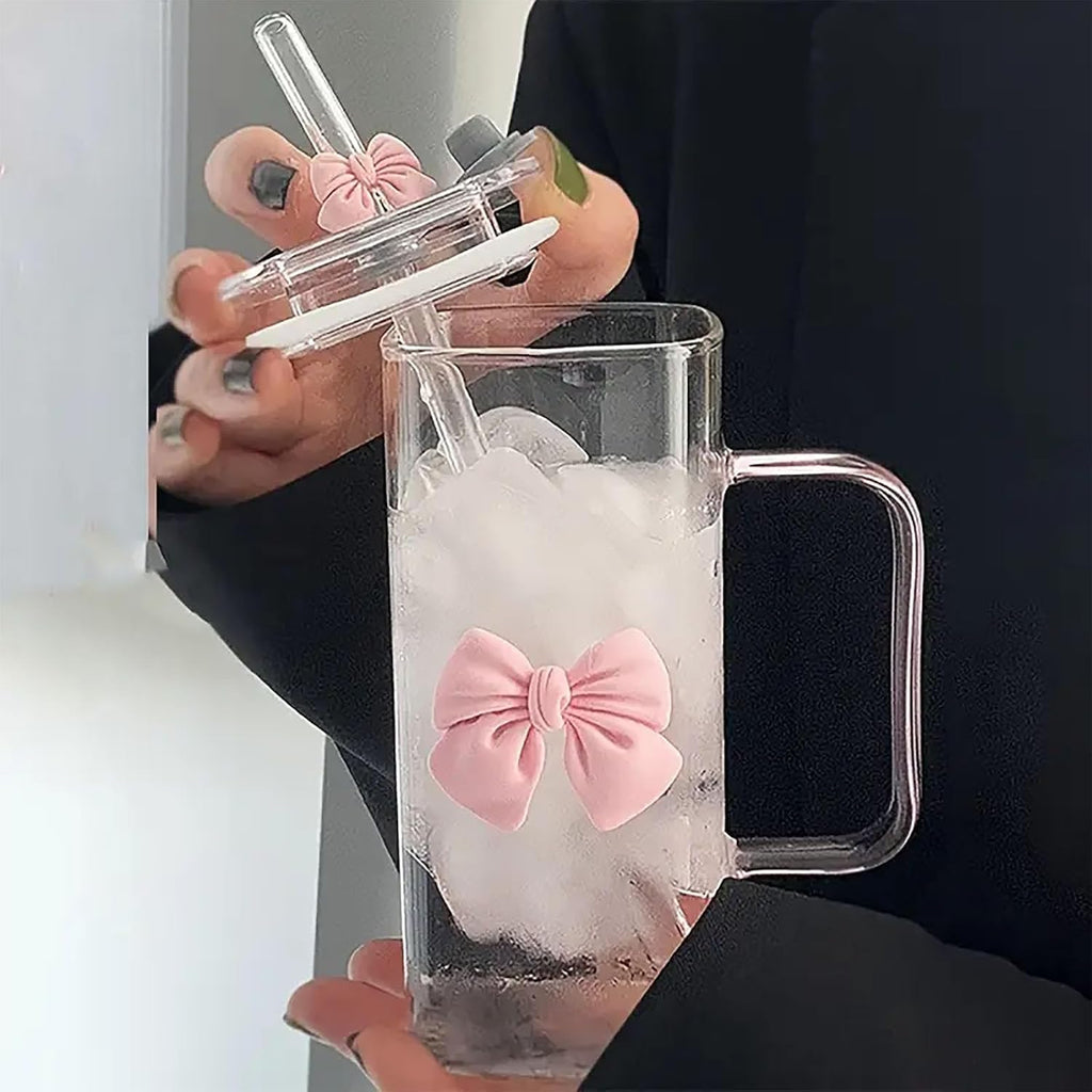 13Oz Square Glass Cups with Lids and Straws Cute Glass Tumbler with Handle