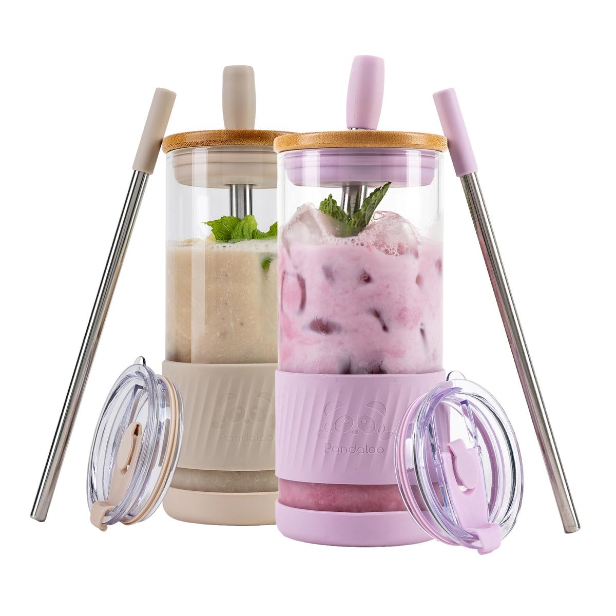 Pandaloo® Glass Cups With Lids and Straws -20 Fl Oz- Perfect Size Iced Coffee Cup - Smoothie Cup With Bamboo Lid and On the go Lid - Glass Tumbler With Straw (1 Count (Pack of 1), Tender Pink)