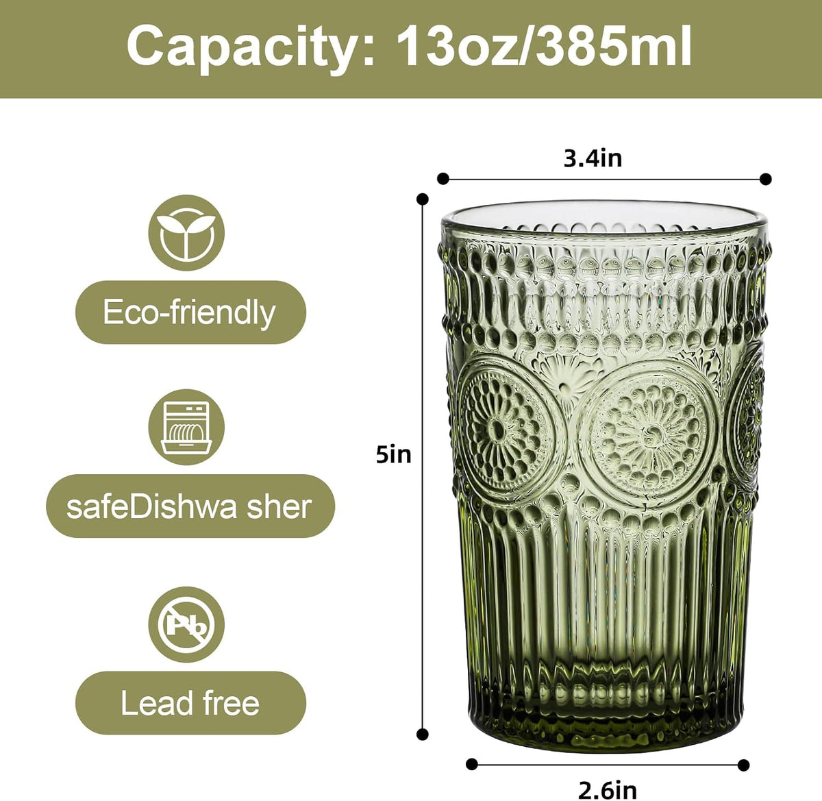 ZMOWIPDL Drinking Glasses Set of 6,13oz Flower Design Green Glass Cups