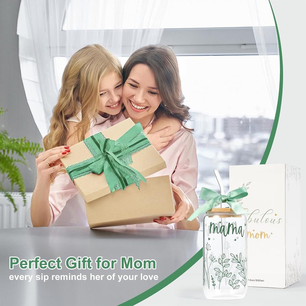 Gifts for Mom Bow New Mama Glass Cup with Lids and Straws