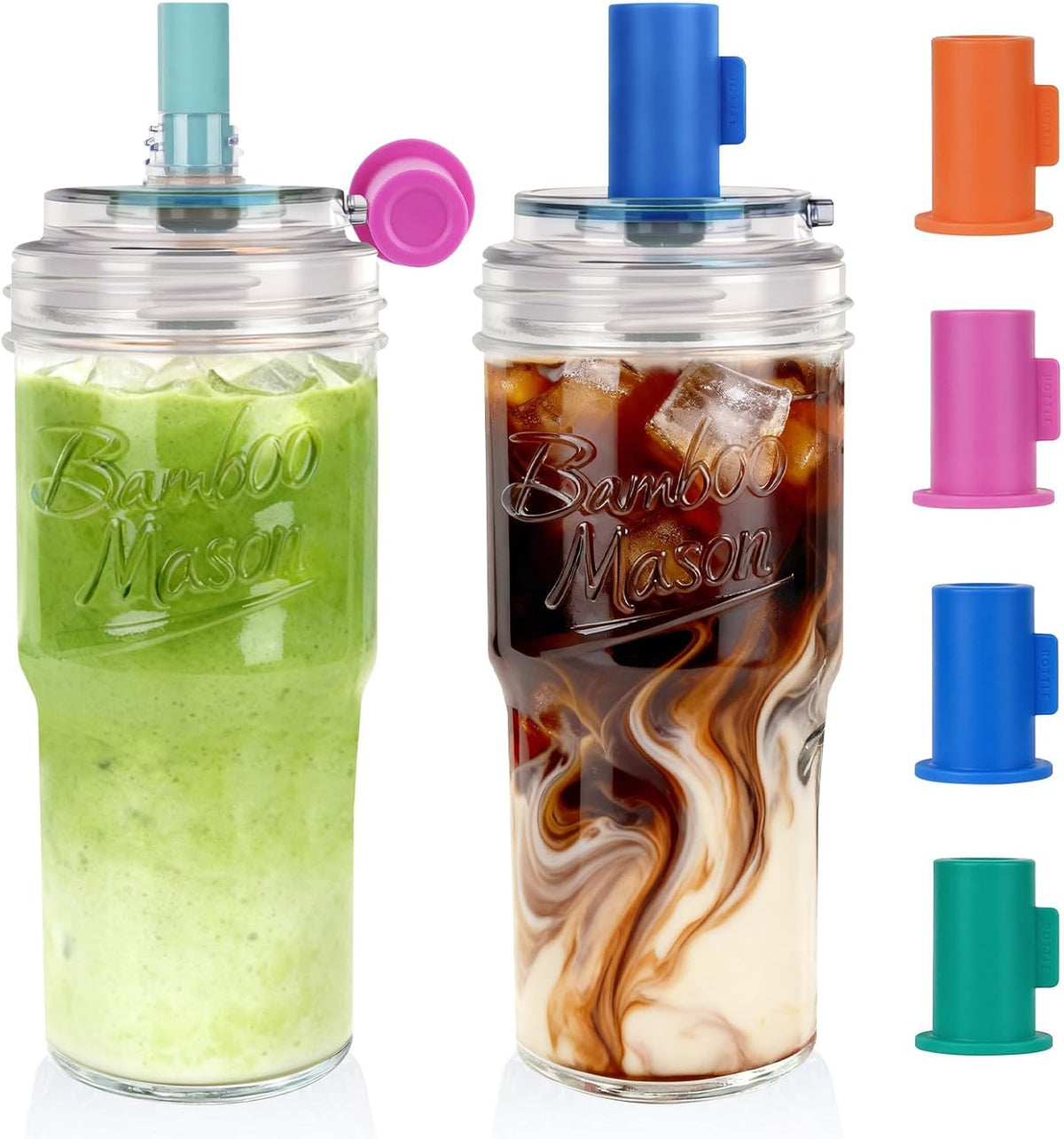 ANOTION Glass Cups With Lids And Straws, Leakproof Tumbler 24oz Mason Jar Cups, Cap Cup Leak-Proof, Self-Assembly Silicone Straw, Reusable Iced Coffee Smoothie Matcha Cup Aesthetic Coffee Gifts Women