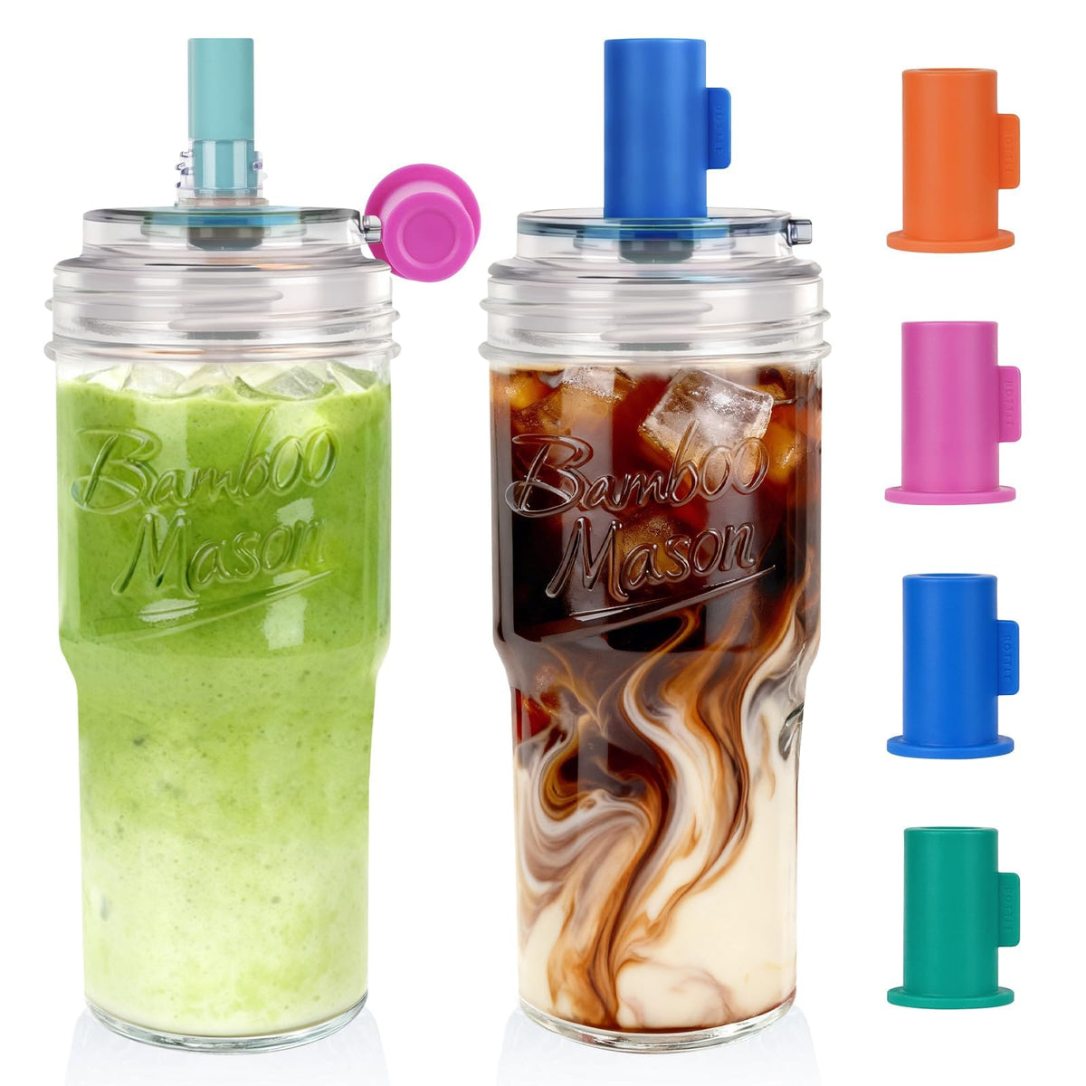 ANOTION Glass Cups With Lids And Straws, Leakproof Tumbler 24oz Mason Jar Cups, Cap Cup Leak-Proof, Self-Assembly Silicone Straw, Reusable Iced Coffee Smoothie Matcha Cup Aesthetic Coffee Gifts Women