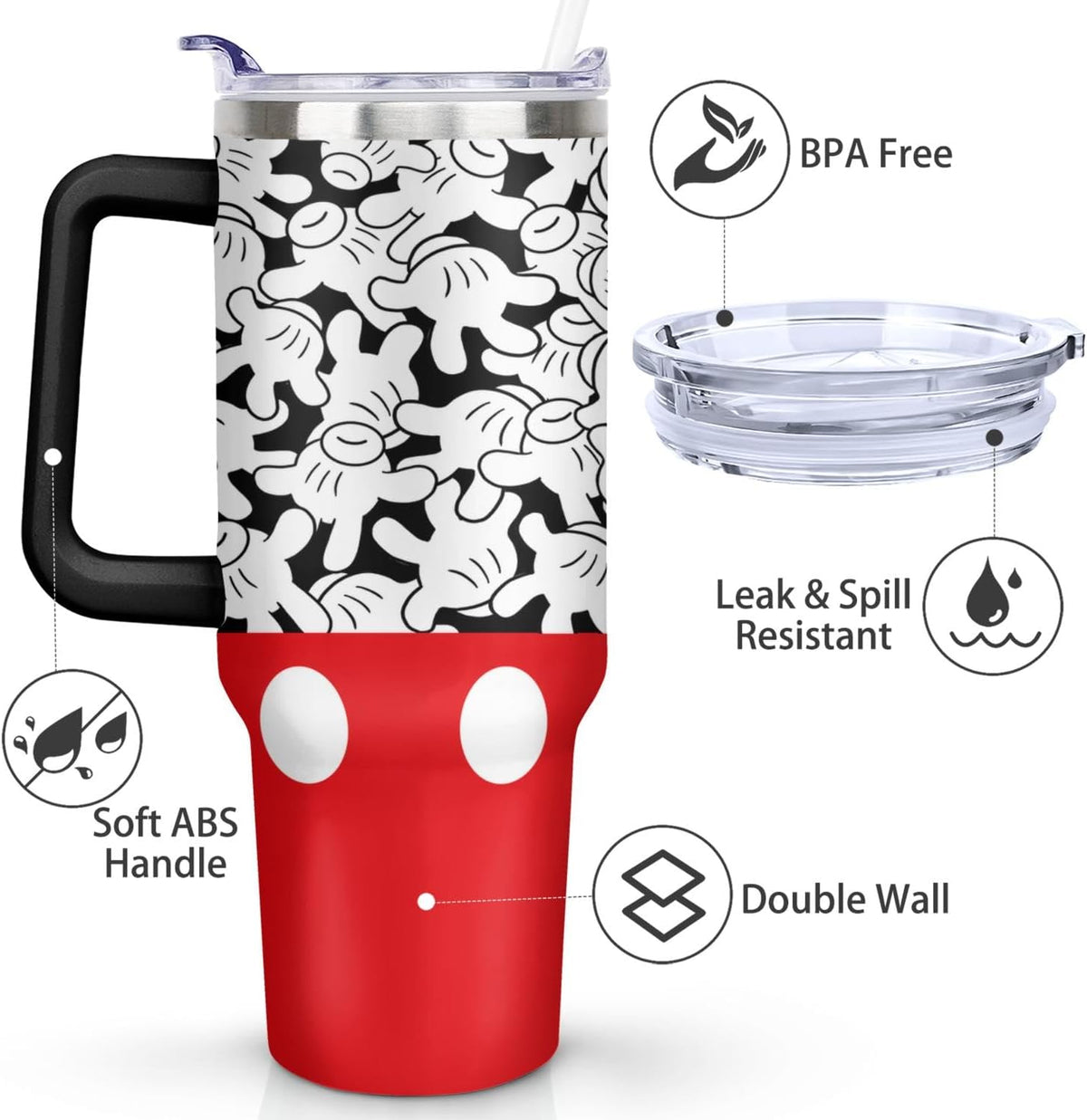 Cartoon Mouse Tumbler 40 Oz With Lid and Straw Stainless Steel Insulated with Handle Gloves Travel Coffee Mug - Birthday,Christmas Gift