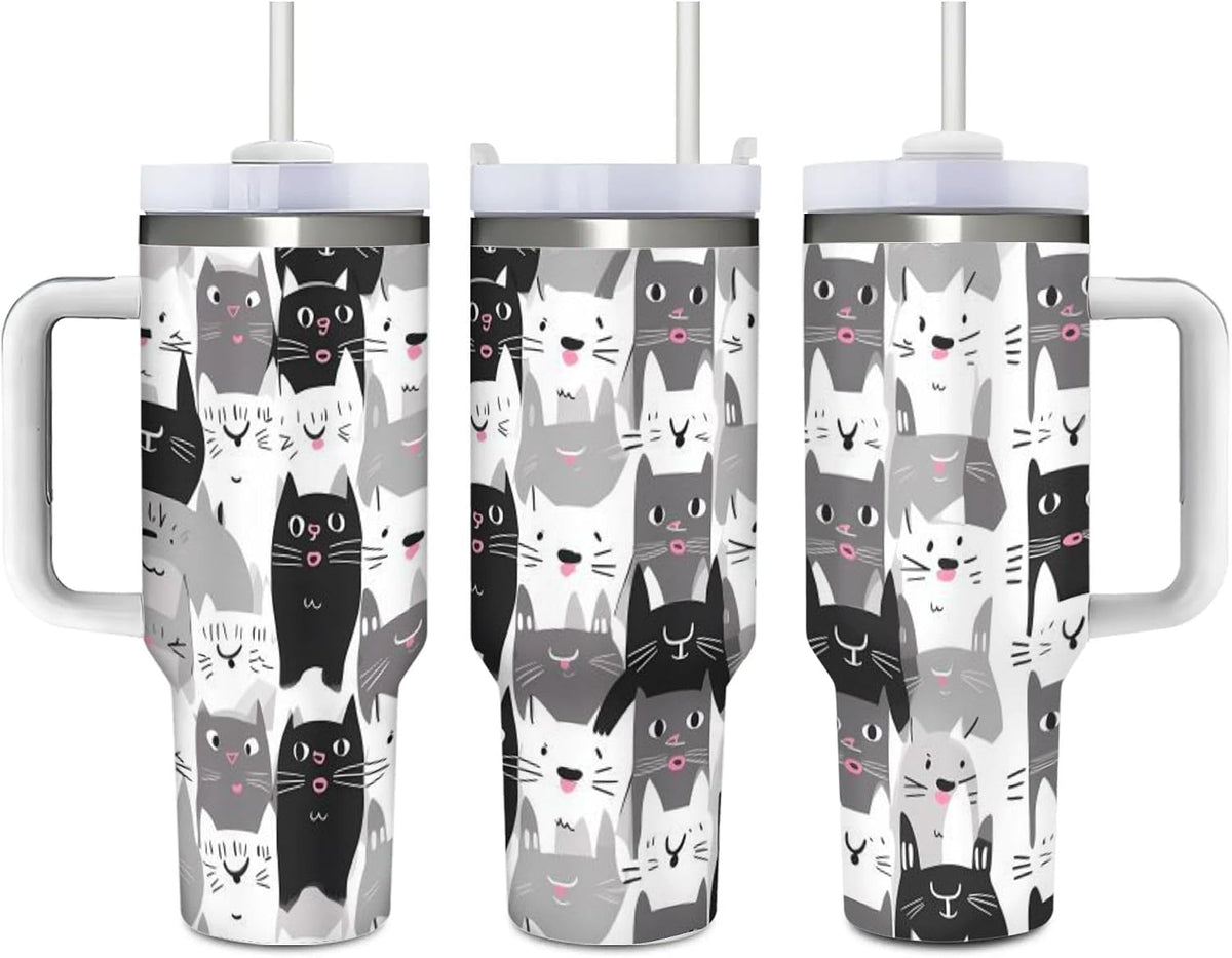 40 OZ (1200 ML) Cute Cats Insulated Tumbler With Straw Lid, Cartoon Kitten Steel Double Walled Vacuum Stainless Steel Coffee Cup for Home Travel Office Nursing