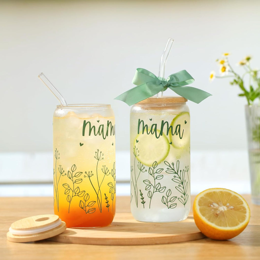 Gifts for Mom Bow New Mama Glass Cup with Lids and Straws