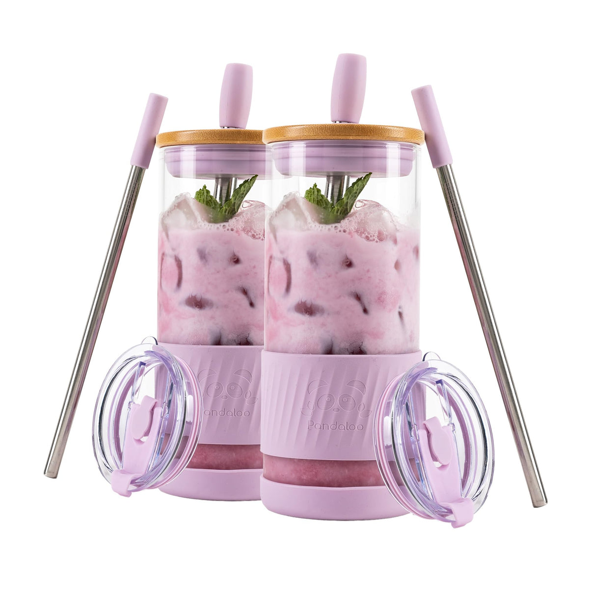 Pandaloo® Glass Cups With Lids and Straws -20 Fl Oz- Perfect Size Iced Coffee Cup - Smoothie Cup With Bamboo Lid and On the go Lid - Glass Tumbler With Straw (1 Count (Pack of 1), Tender Pink)